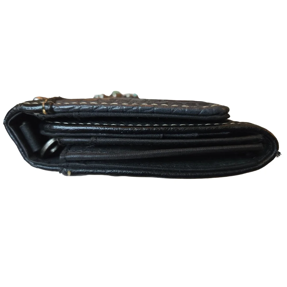 American Bling Western Black Faux Leather Wallet Turquoise Concho‎ Embellishment